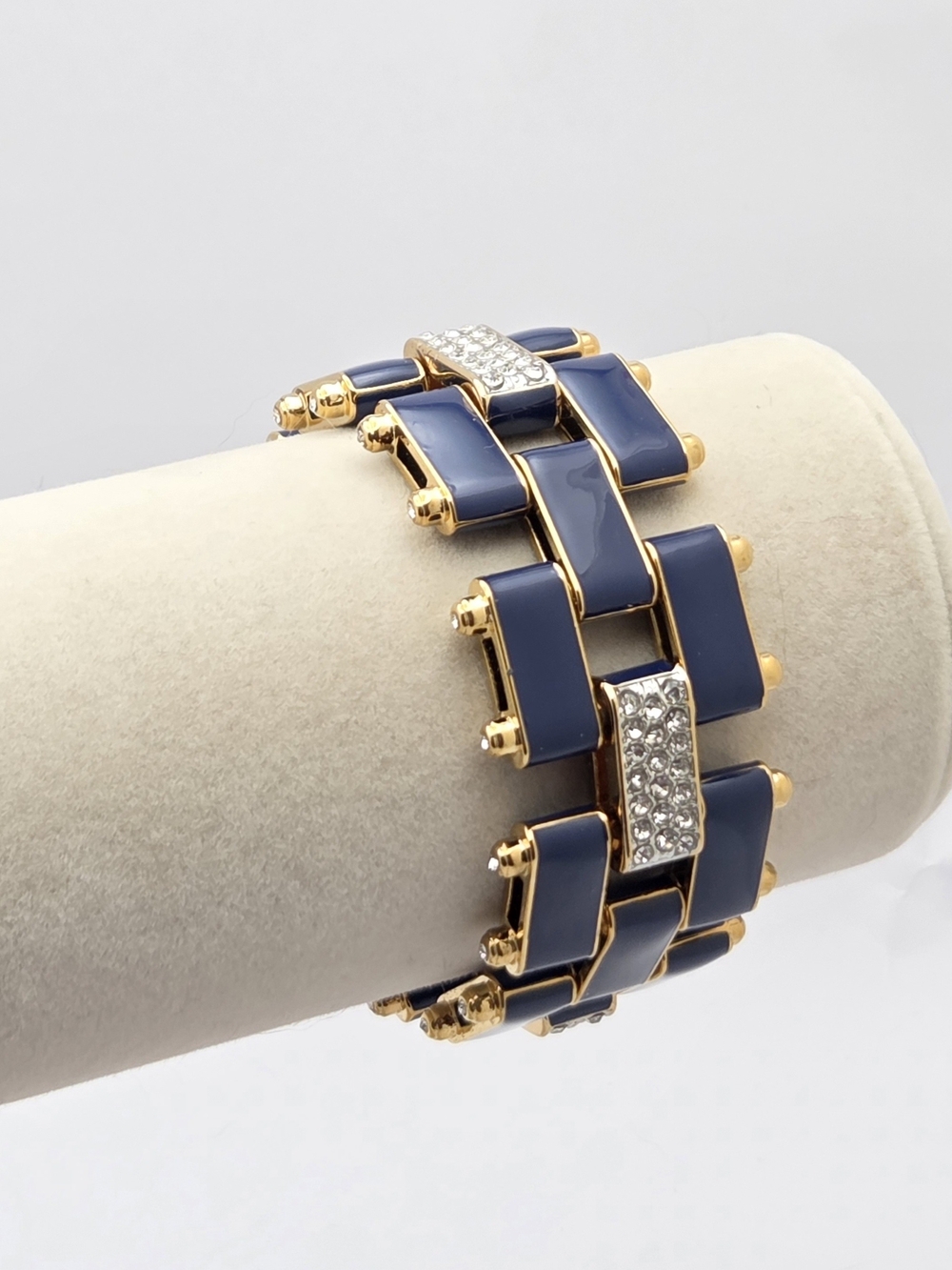 Juicy Couture Navy Blue Enamel Rhinestone Link Bracelet Gold Tone Wide 7"
